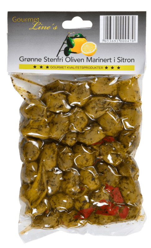 Gourmet Line's Oliven Grønn u/Sten Marinert i sitron 250 g.